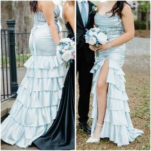Elegant Light Blue Strapless Evening Gown